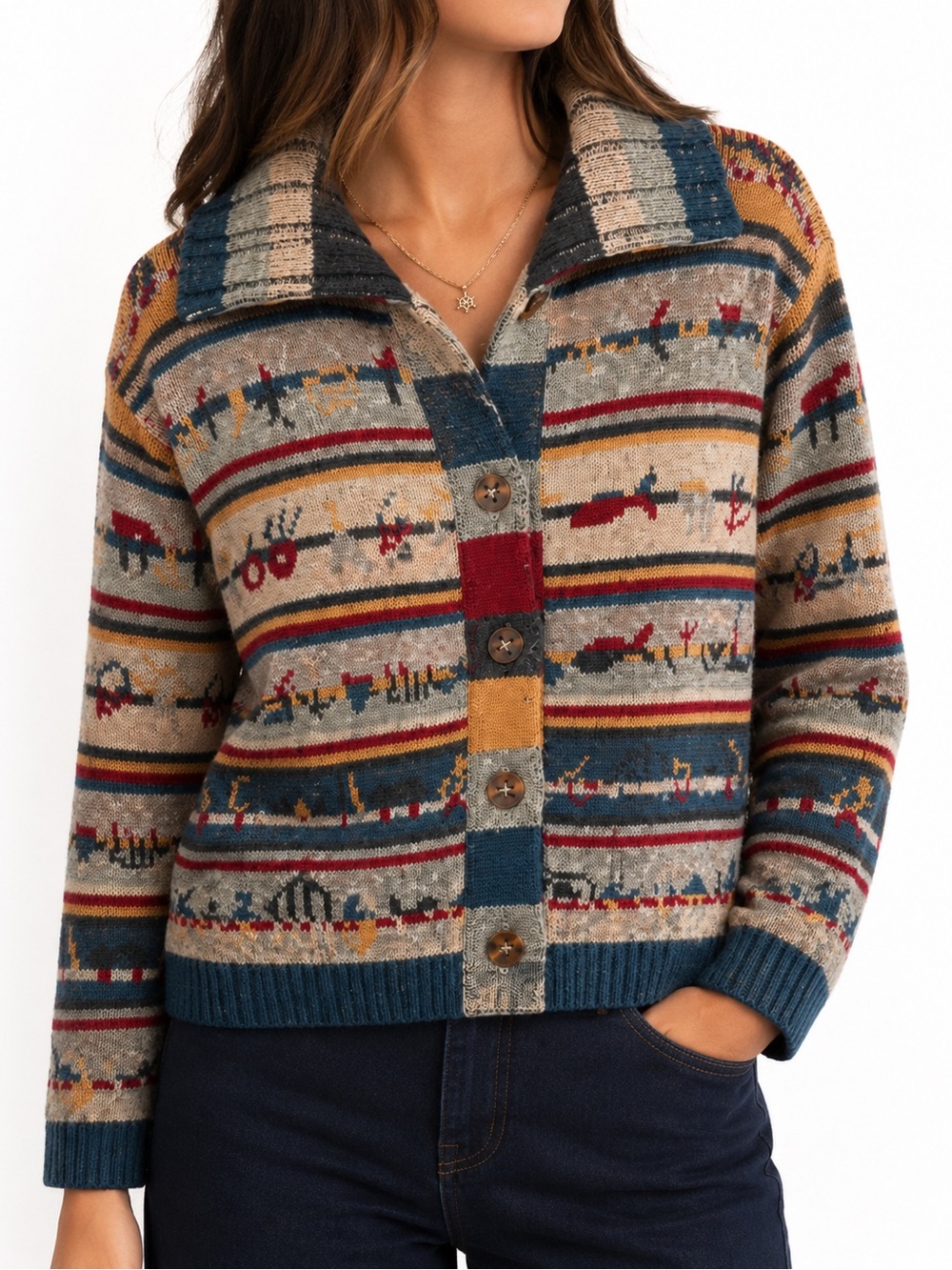 Vintage 90s Jacquard Paris Wool Cardigan M Made in France Nautical Coastal